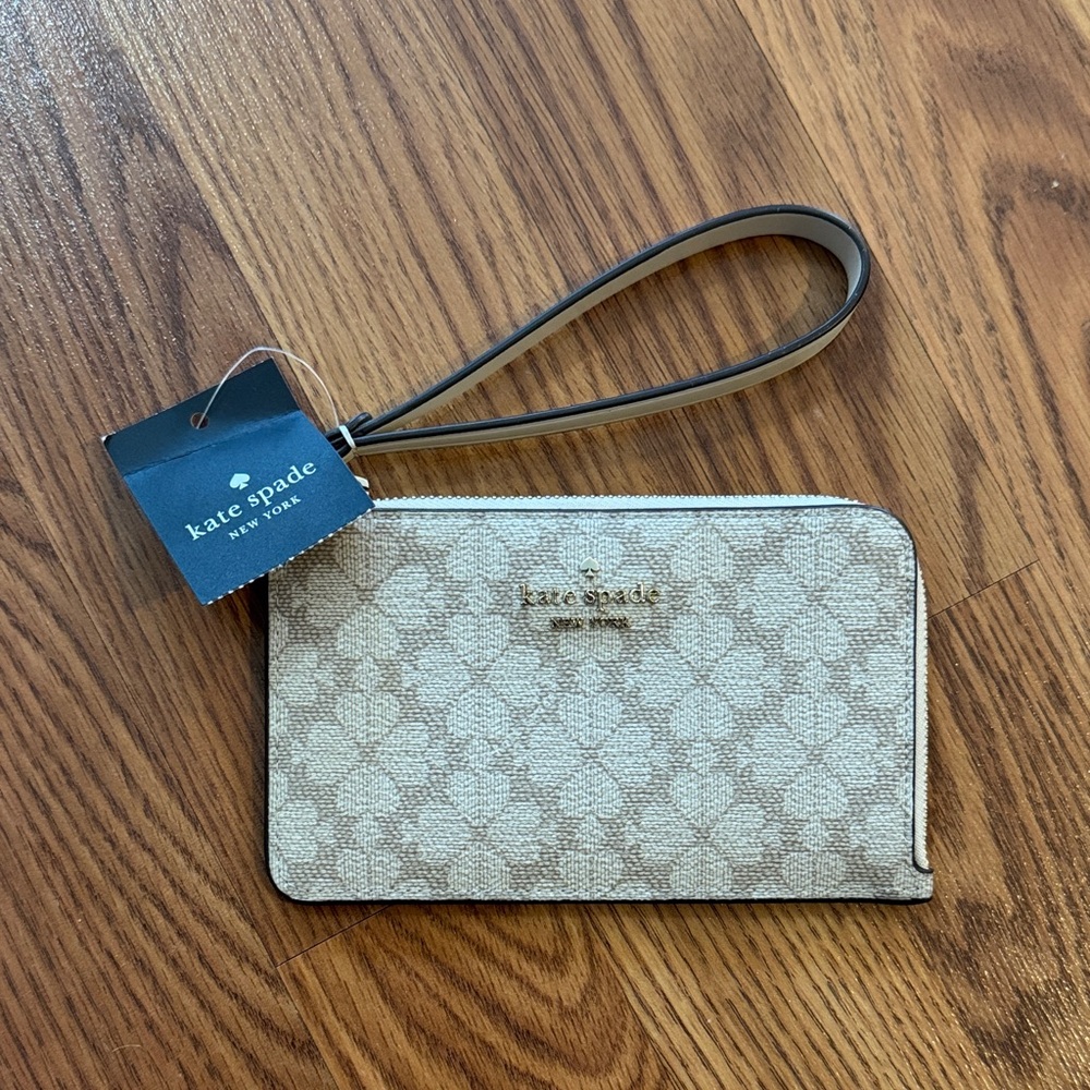 Kate Spade Small Dark Beige Spade Flower Print Wristlet NWT